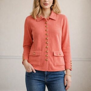 San Remo Vintage Coral Knit Cardigan Jacket Gold Crest Buttons Size 12